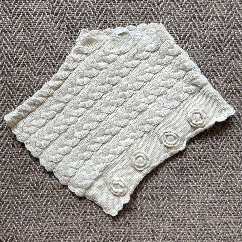 IrelandsEye Poncho Cream Cable Aran Knit Floral Rosette Scallop Trim 3Y
